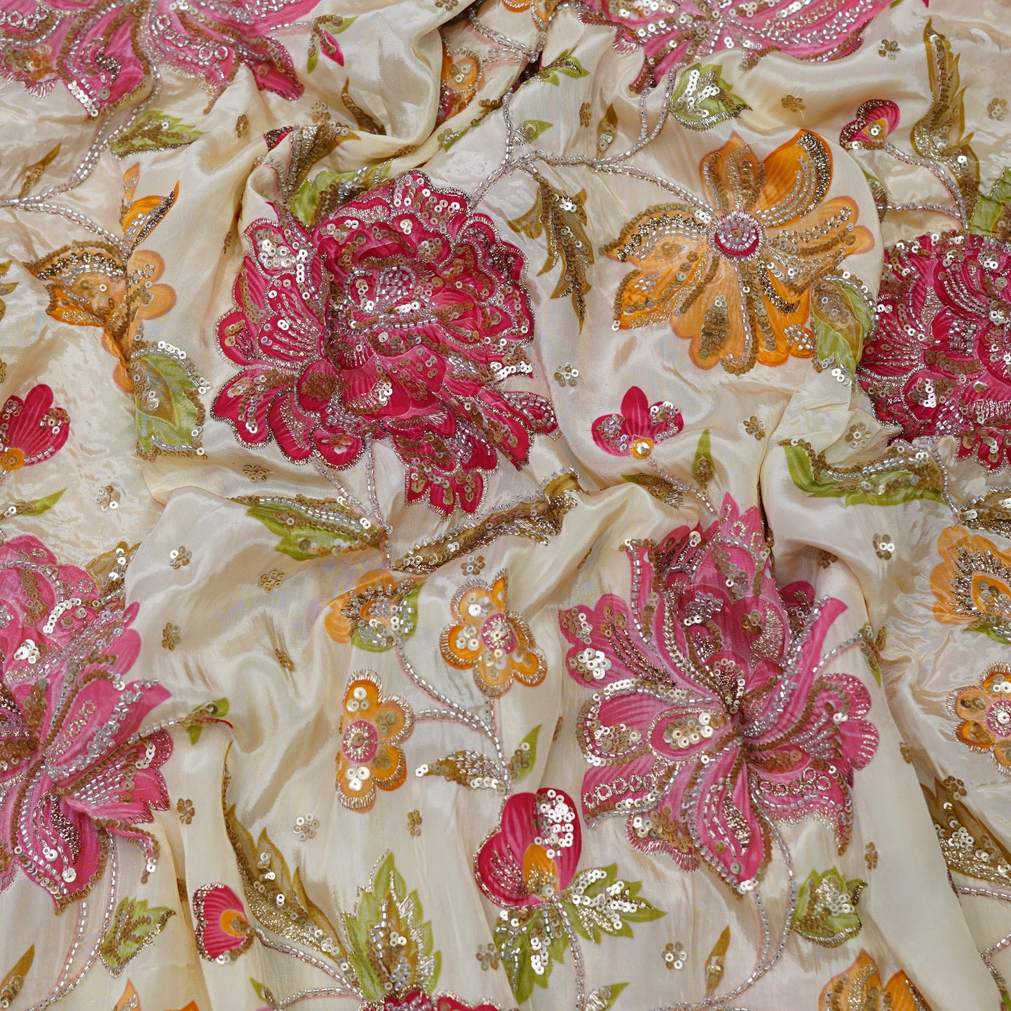 Ivory Multicolor Floral Sequin Embroidered Organza Fabric.