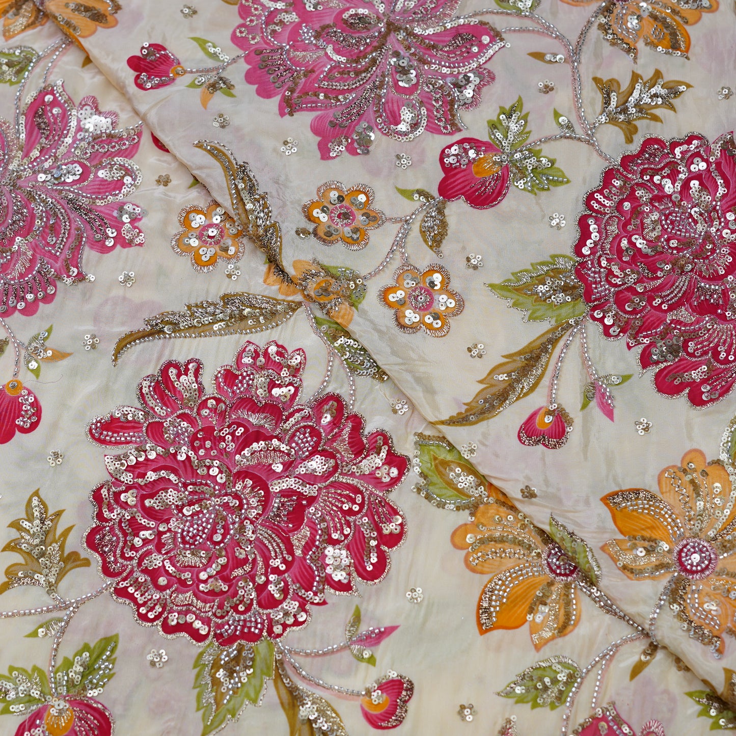 Ivory Multicolor Floral Sequin Embroidered Organza Fabric.