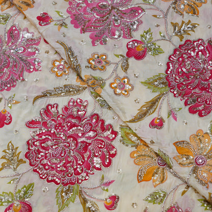 Ivory Multicolor Floral Sequin Embroidered Organza Fabric.