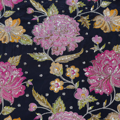 Midnight Navy Multicolor Floral Sequin Embroidered Organza Fabric.