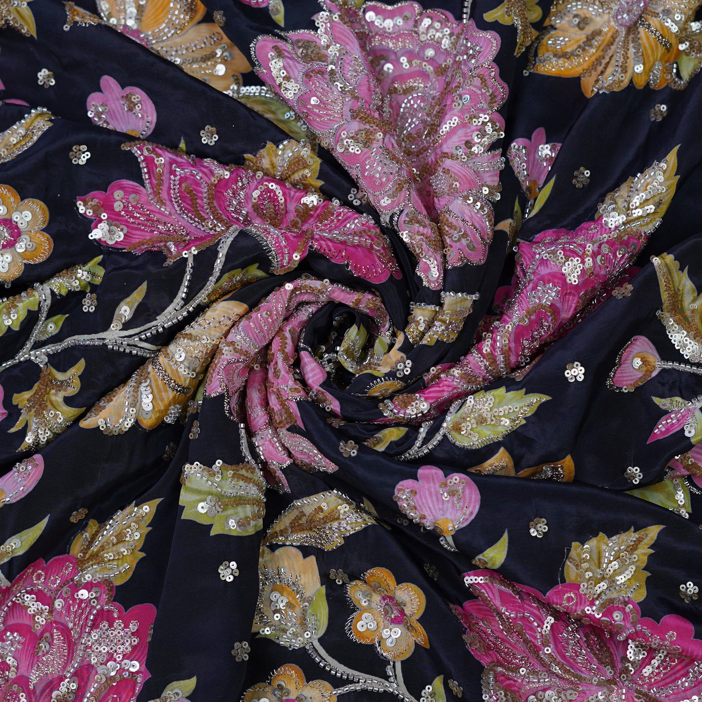 Midnight Navy Multicolor Floral Sequin Embroidered Organza Fabric.