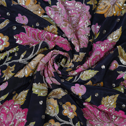 Midnight Navy Multicolor Floral Sequin Embroidered Organza Fabric.