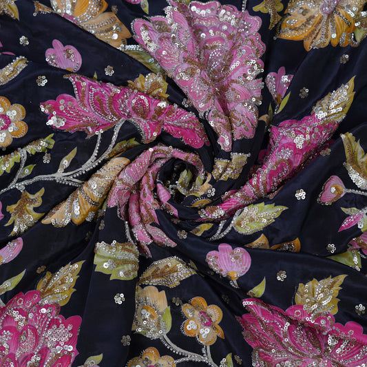 Midnight Navy Multicolor Floral Sequin Embroidered Organza Fabric.