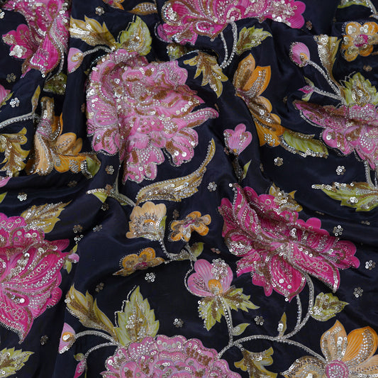 Midnight Navy Multicolor Floral Sequin Embroidered Organza Fabric.