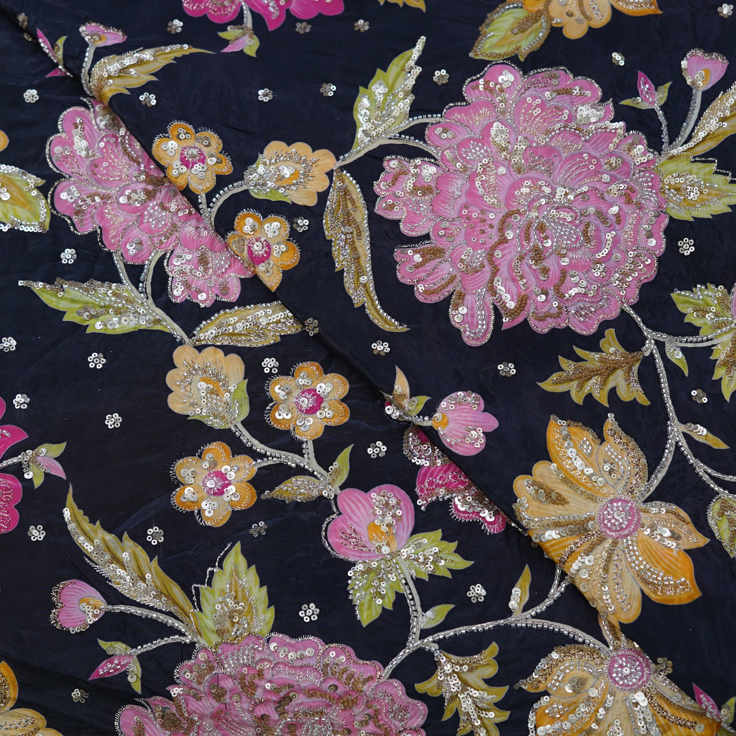 Midnight Navy Multicolor Floral Sequin Embroidered Organza Fabric.