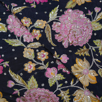 Midnight Navy Multicolor Floral Sequin Embroidered Organza Fabric.
