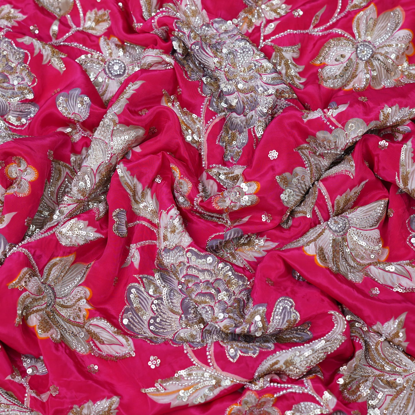 Rani Pink Floral Sequin Embroidered Organza Fabric