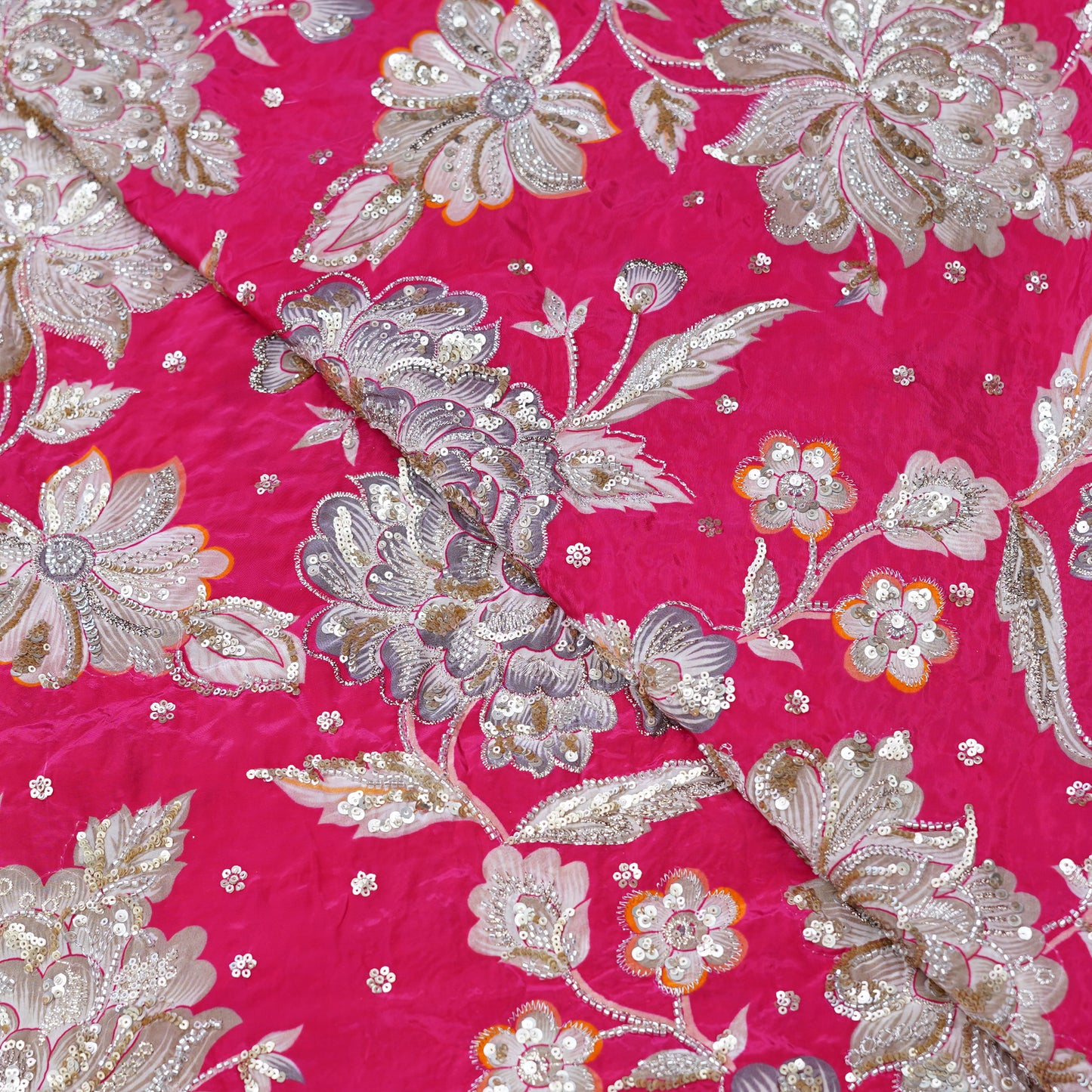 Rani Pink Floral Sequin Embroidered Organza Fabric
