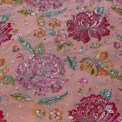 Blush Peach Multicolor Floral Sequin Embroidered Organza Fabric