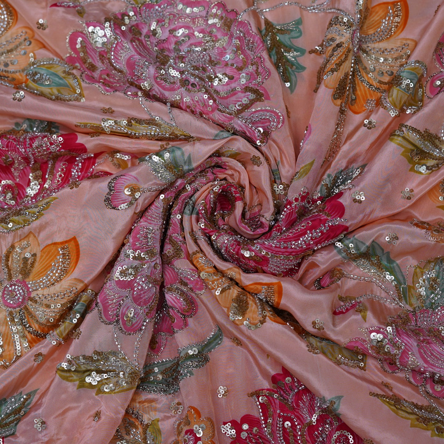 Blush Peach Multicolor Floral Sequin Embroidered Organza Fabric