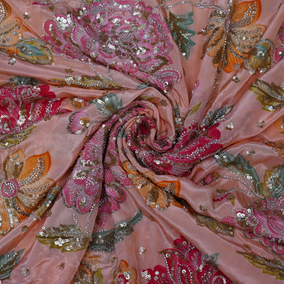 Blush Peach Multicolor Floral Sequin Embroidered Organza Fabric