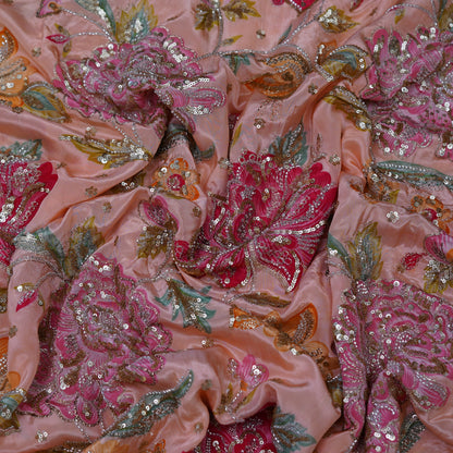 Blush Peach Multicolor Floral Sequin Embroidered Organza Fabric