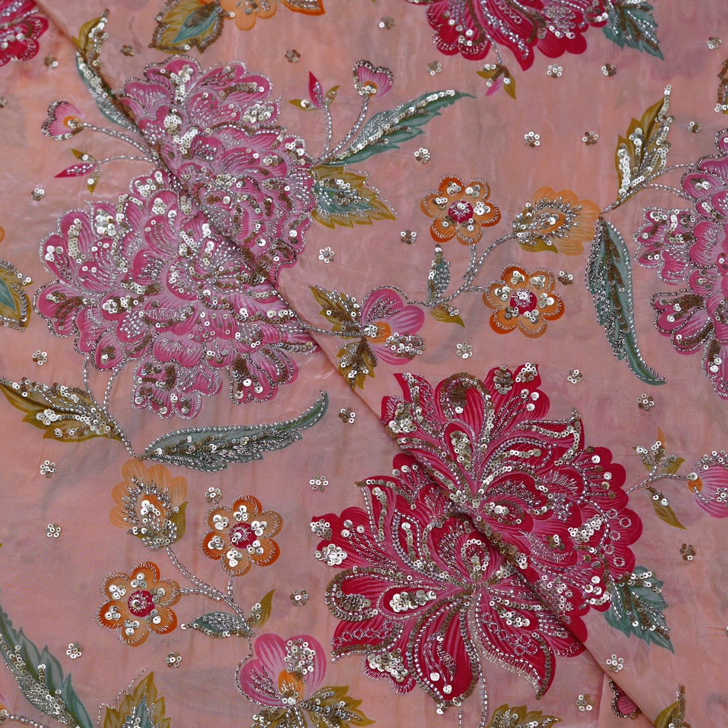 Blush Peach Multicolor Floral Sequin Embroidered Organza Fabric