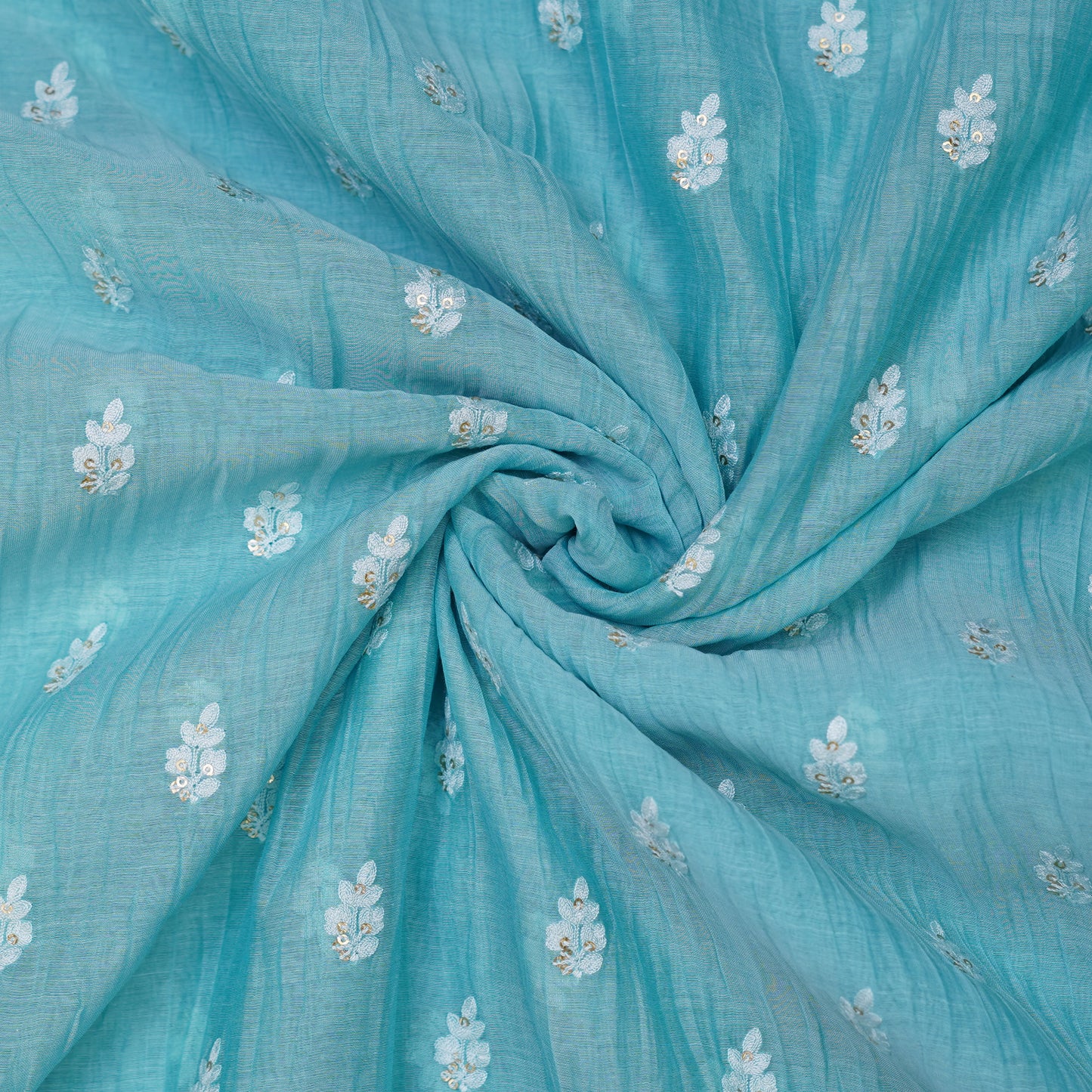 Sky Blue Embroidered Monga Silk Fabric