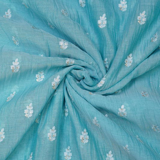 Sky Blue Embroidered Monga Silk Fabric