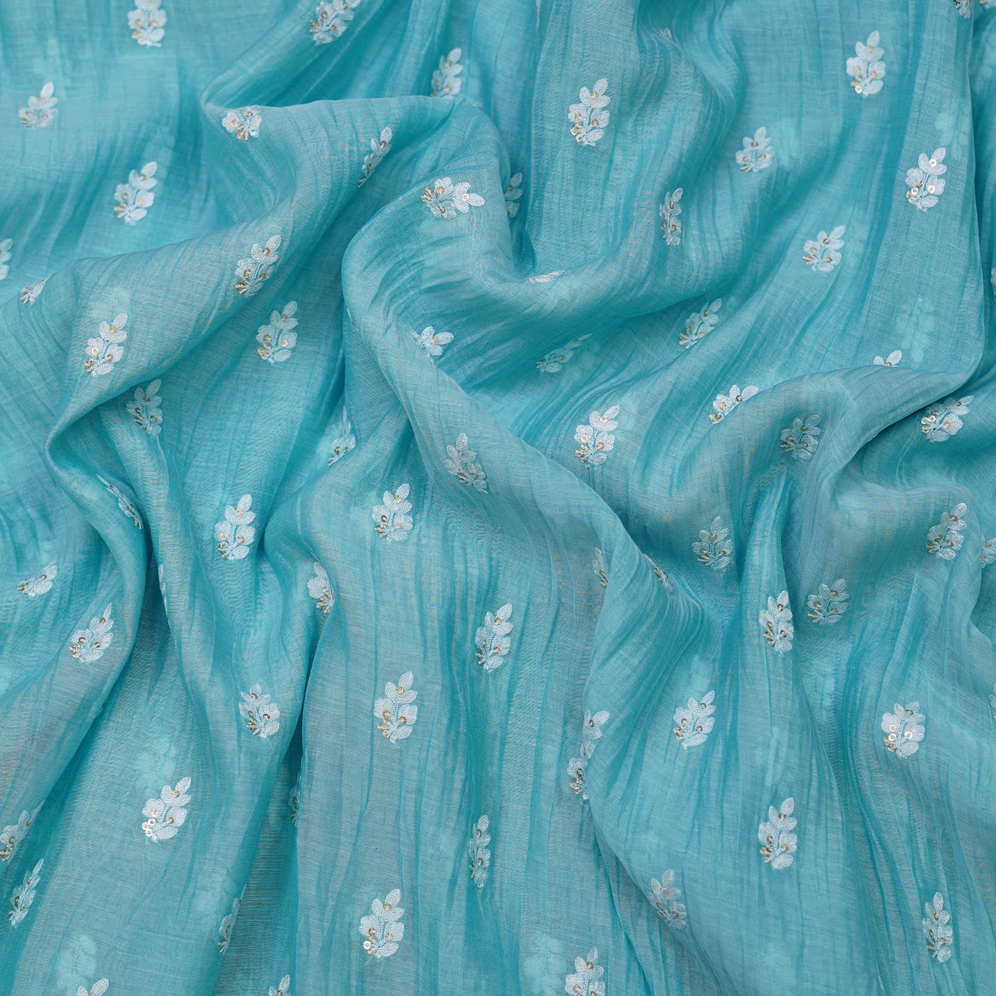 Sky Blue Embroidered Monga Silk Fabric