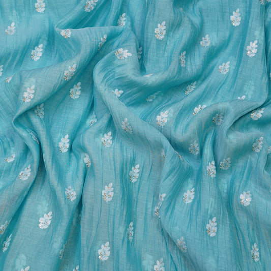 Sky Blue Embroidered Monga Silk Fabric