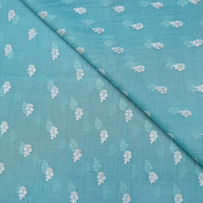 Sky Blue Embroidered Monga Silk Fabric
