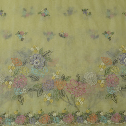 Pastel Yellow Floral Embroidered Monga Silk Fabric.