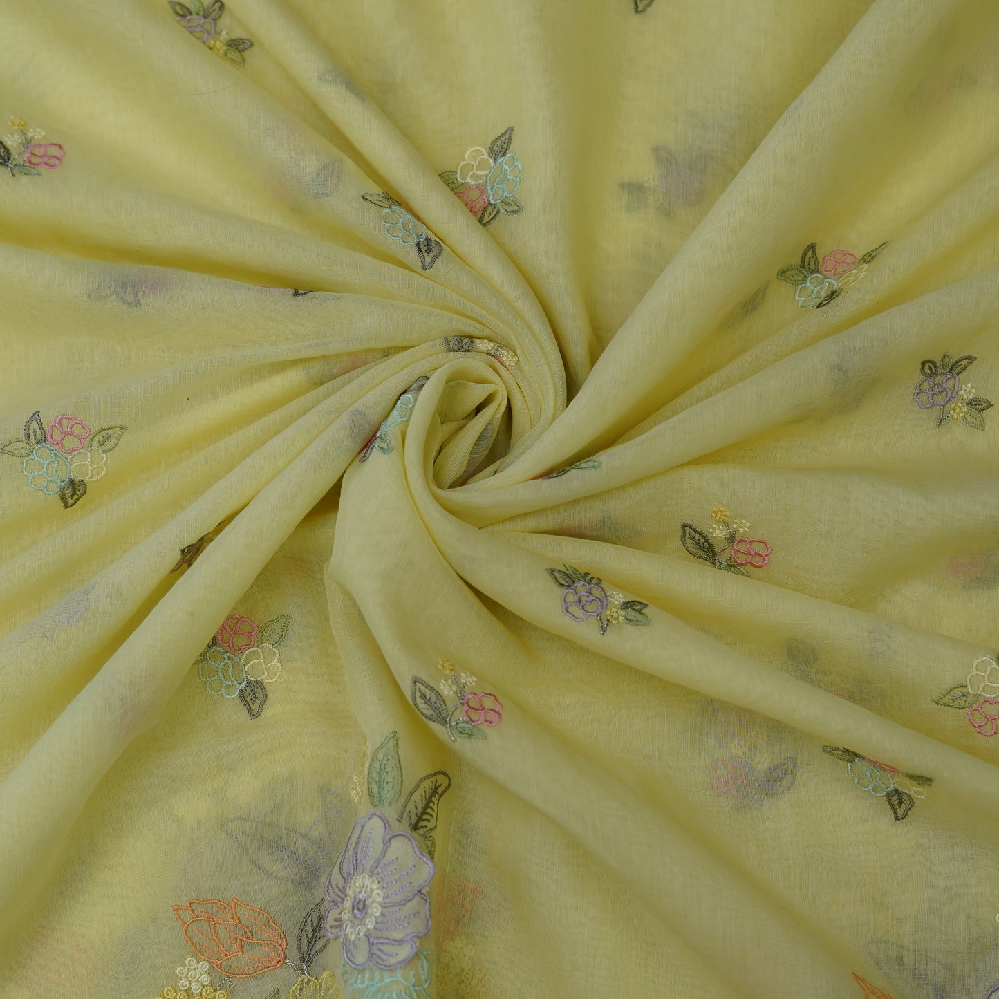 Pastel Yellow Floral Embroidered Monga Silk Fabric.