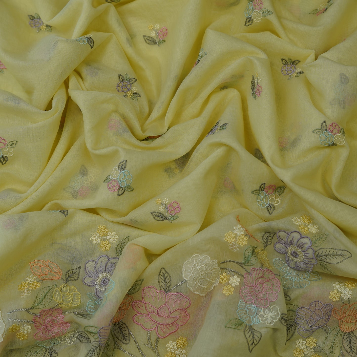 Pastel Yellow Floral Embroidered Monga Silk Fabric.