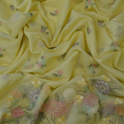 Pastel Yellow Floral Embroidered Monga Silk Fabric.
