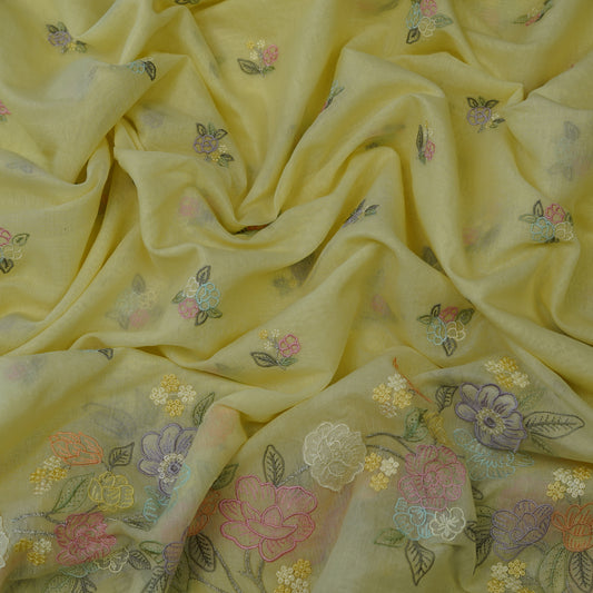 Pastel Yellow Floral Embroidered Monga Silk Fabric.