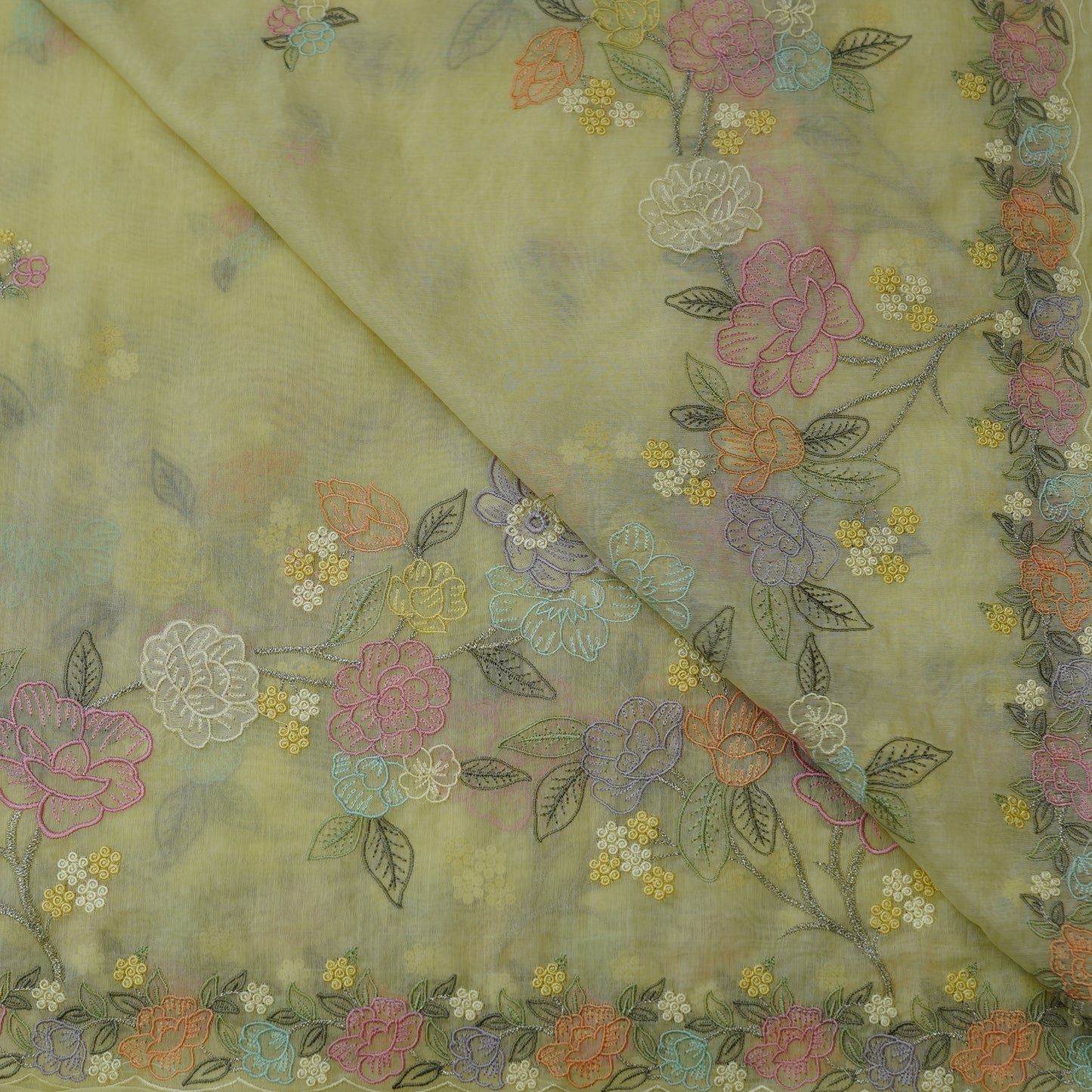 Pastel Yellow Floral Embroidered Monga Silk Fabric.
