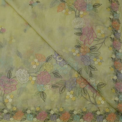 Pastel Yellow Floral Embroidered Monga Silk Fabric.