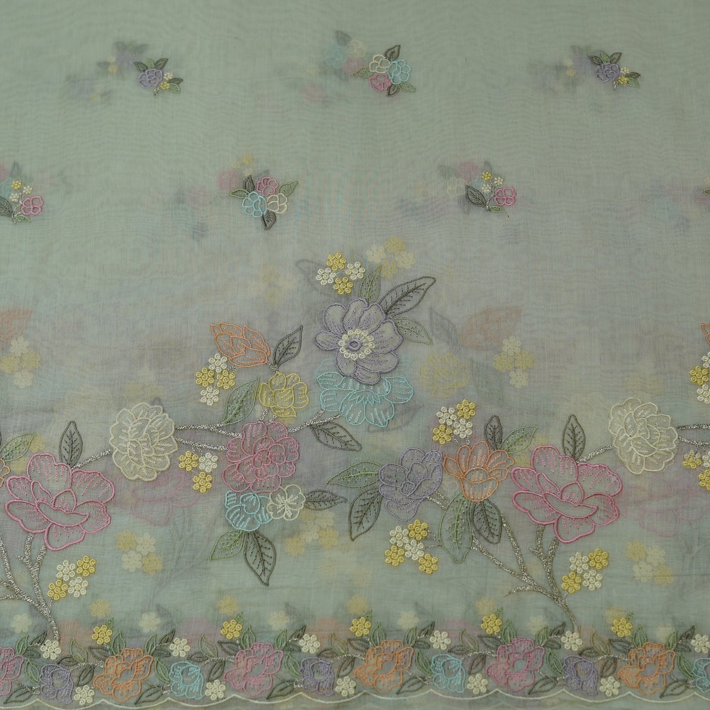 Pastel Mint Green Floral Embroidered Monga Silk Fabric