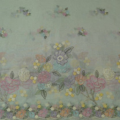 Pastel Mint Green Floral Embroidered Monga Silk Fabric