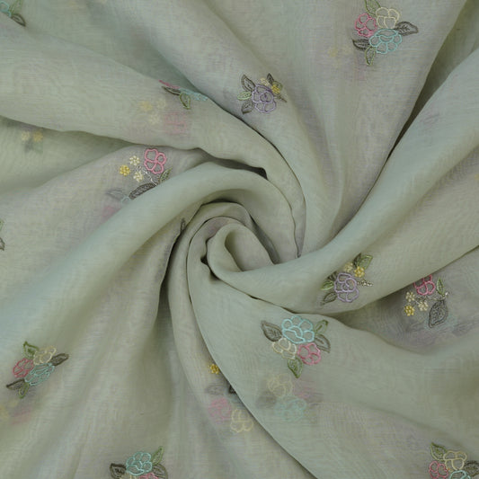 Pastel Mint Green Floral Embroidered Monga Silk Fabric