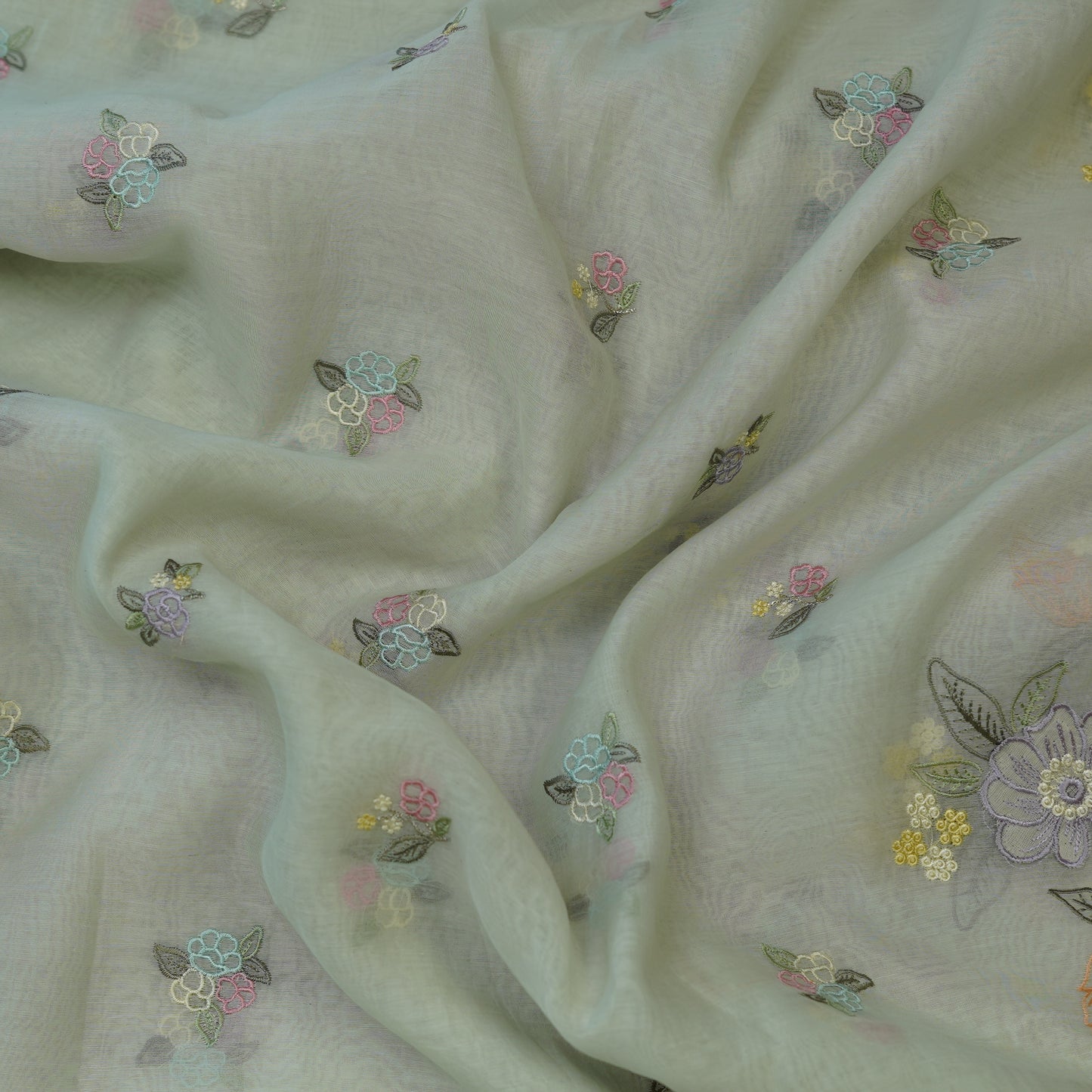 Pastel Mint Green Floral Embroidered Monga Silk Fabric