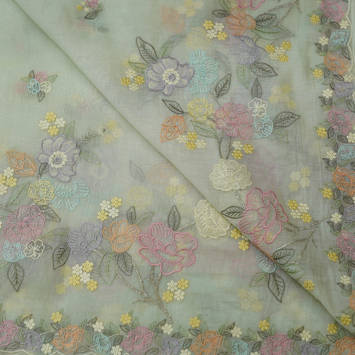 Pastel Mint Green Floral Embroidered Monga Silk Fabric