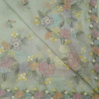 Pastel Mint Green Floral Embroidered Monga Silk Fabric