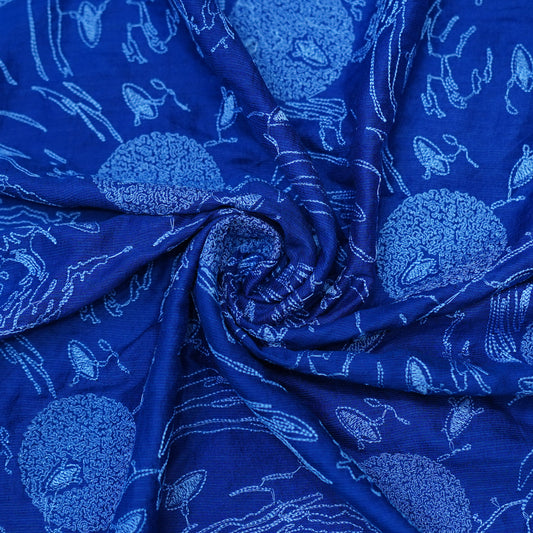 Royal Blue Embroidered Monga Silk Fabric