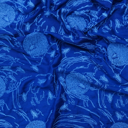 Royal Blue Embroidered Monga Silk Fabric
