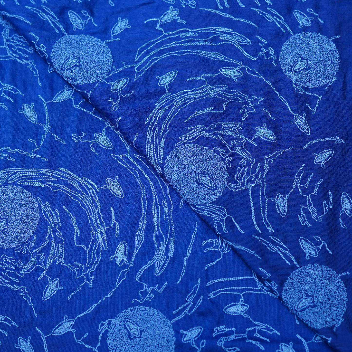 Royal Blue Embroidered Monga Silk Fabric