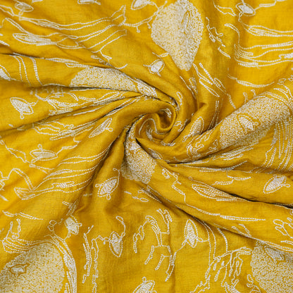 Mustard Yellow Embroidered Monga Silk Fabric