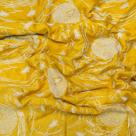 Mustard Yellow Embroidered Monga Silk Fabric