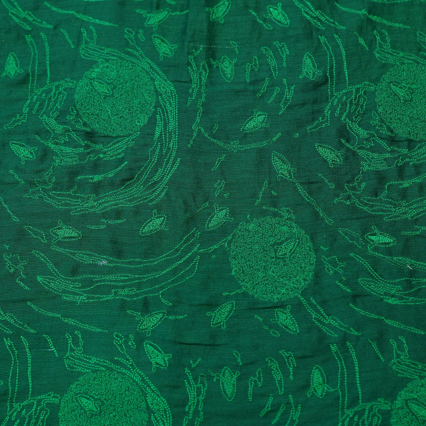 Emerald Green Embroidered Monga Silk Fabric.