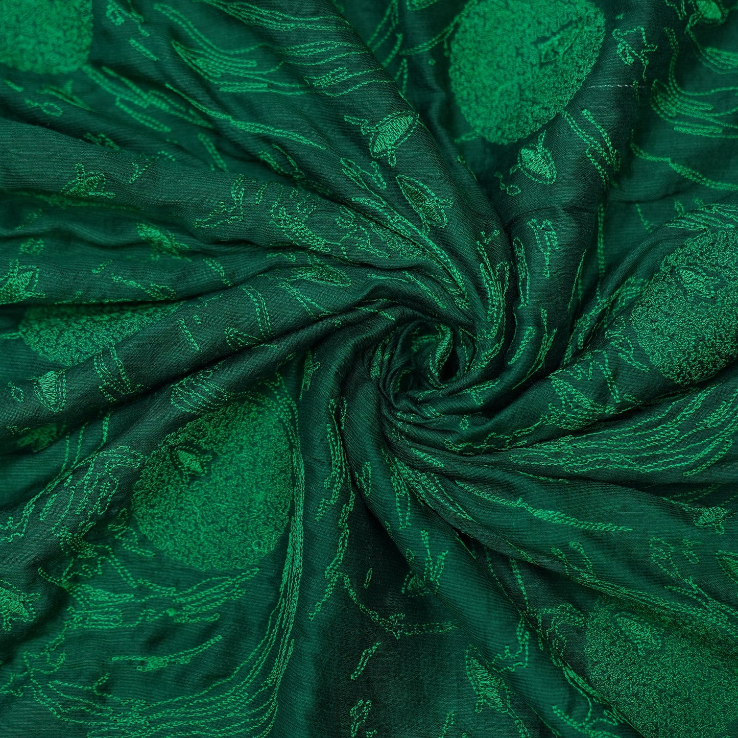 Emerald Green Embroidered Monga Silk Fabric.