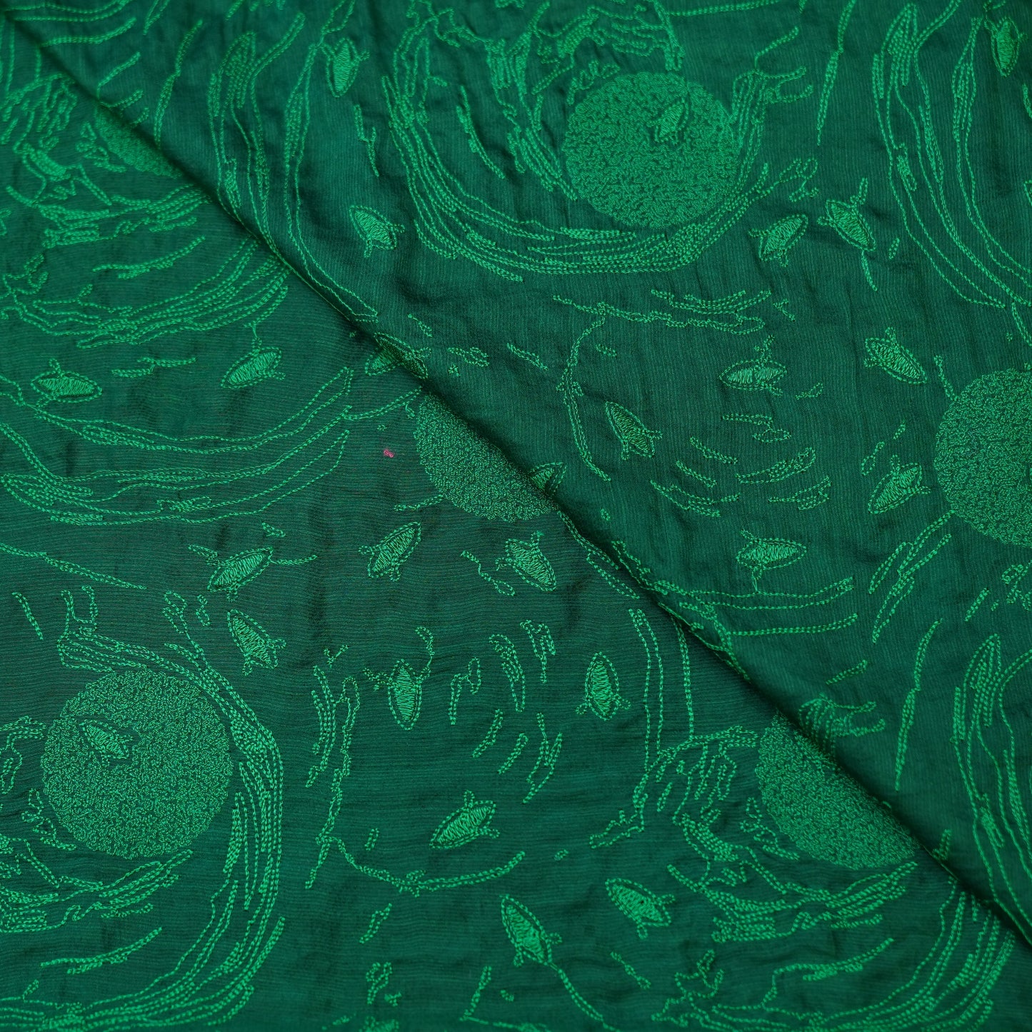 Emerald Green Embroidered Monga Silk Fabric.