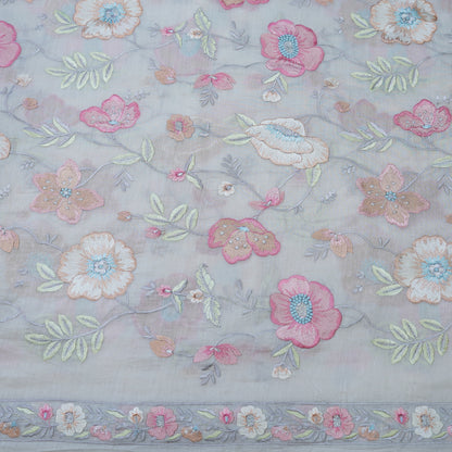 Pastel Grey Floral Embroidered Fabric with Stone Work.