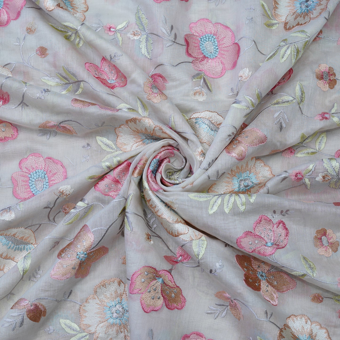 Pastel Grey Floral Embroidered Fabric with Stone Work.
