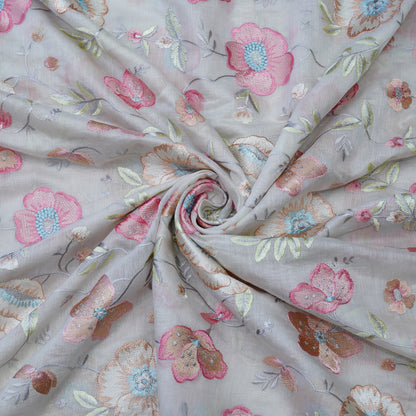 Pastel Grey Floral Embroidered Fabric with Stone Work.