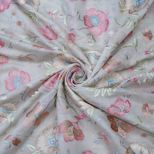 Pastel Grey Floral Embroidered Fabric with Stone Work.