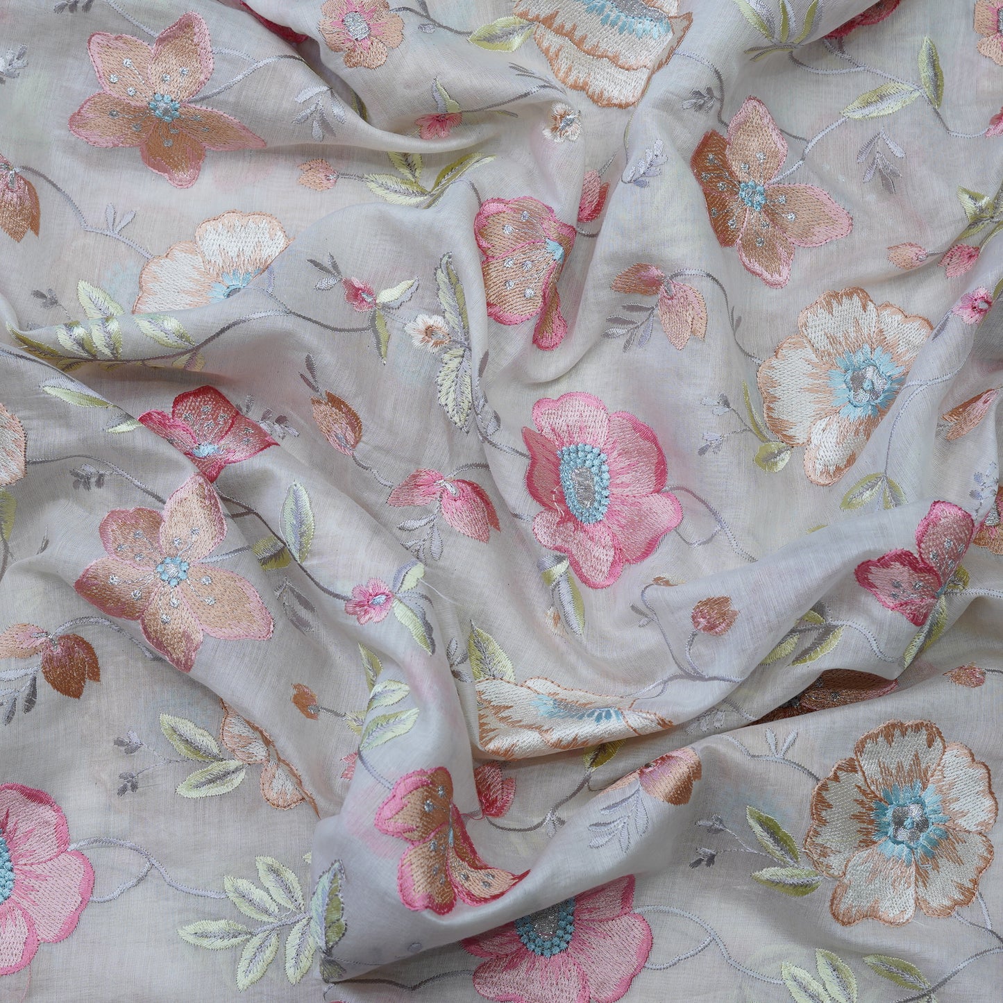 Pastel Grey Floral Embroidered Fabric with Stone Work.