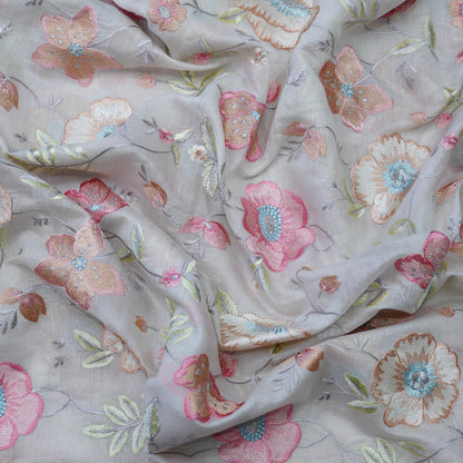 Pastel Grey Floral Embroidered Fabric with Stone Work.