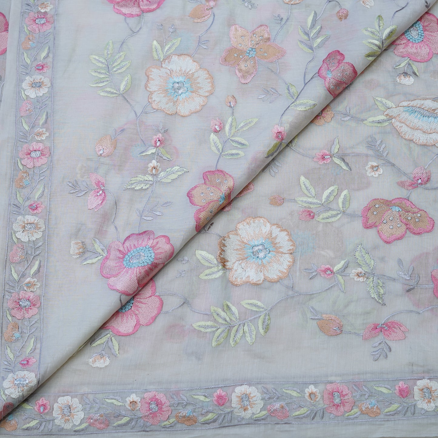 Pastel Grey Floral Embroidered Fabric with Stone Work.